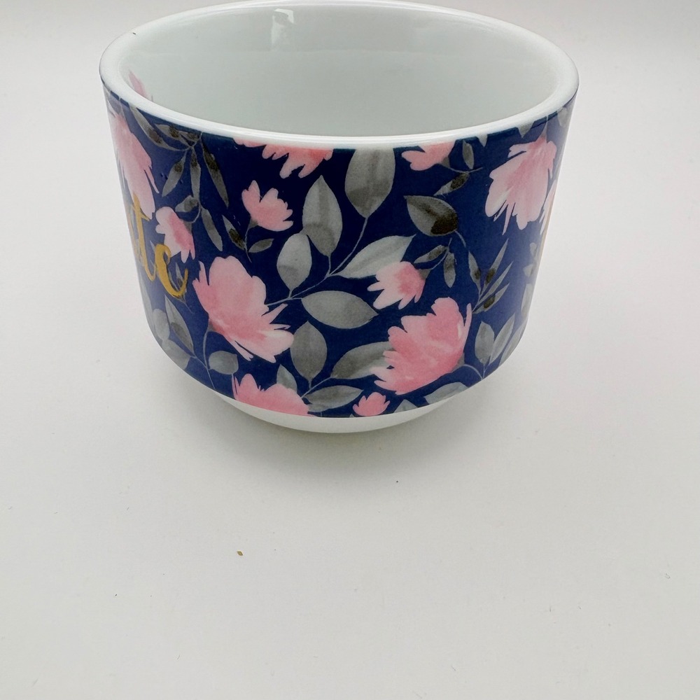Pier 1 Coffee Tea Mug Stackable Navy Blue Floral Create Gold Script Small Chip - Picture 4 of 7